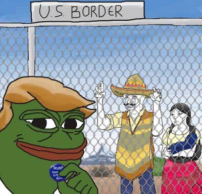 Pepe the Frog as Donald Trump by a US border fence