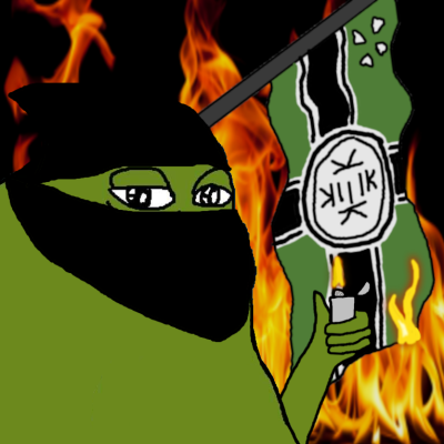 A spin-off of Pepe the Frog, Groyper, wears a black mask and holds lighter in front of a flag for the imaginary Kekistan