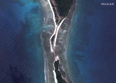 Satellite image of a causeway under construction, allegedly by China, linking the southern and northern ends of Great Coco Island, Myanmar territory