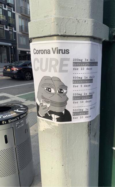Pepe the Frog on a poster on a lampost advertising false cures for Covid
