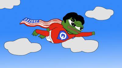 Pepe the Frog flying in the sky, dressed in a superhero outfit with a Q on his chest 