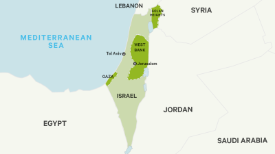 Map of Israel including the Golan Heights on the Syrian border, the West Bank in the East, and Gaza in the South West, bordering Egypt