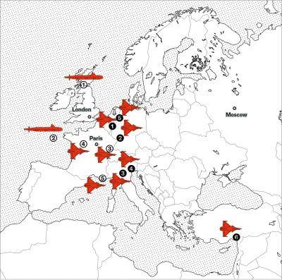 Map showing location of UK, French and US nuclear forces in Europe
