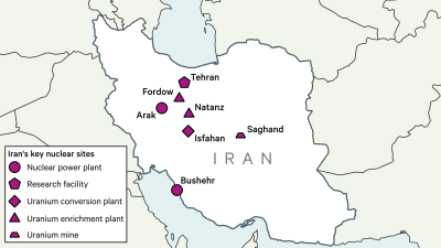 A map showing the key nuclear sites in Iran.