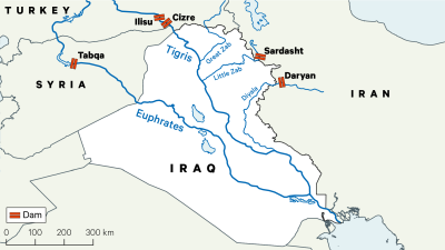 A map showing the key rivers and dams in Iraq.