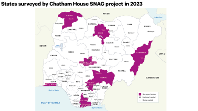 Map showing the states surveyed in Nigeria by the Chatham House SNAG project in 2023.