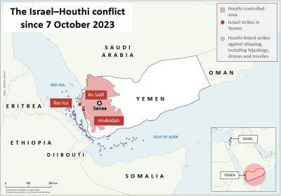 Map of Yemen showing Houthi strikes in Red Sea and Israeli strikes