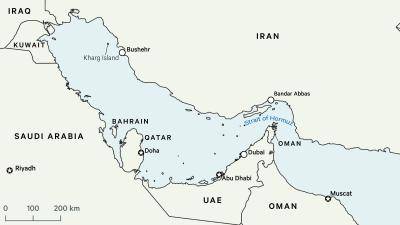 A map showing the Strait of Hormuz and Kharg Island