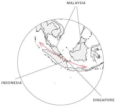 Line drawing of the globe showing the strait of Malacca