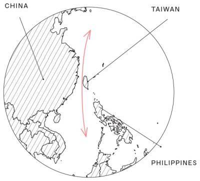 Line drawing of the globe showing the strait of Taiwan