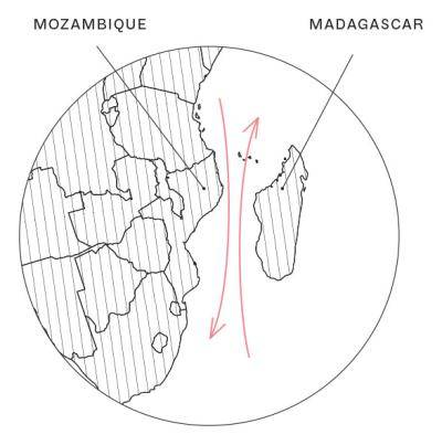 Line drawing of a globe showing the Mozambique channel