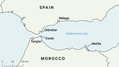 A map showing Ceuta and Melilla.