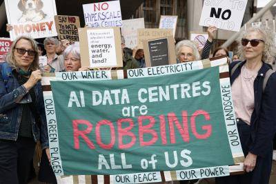 Activists protesting outside the Scottish parliament in Edinburgh, on 3 September, 2026. Protesters gathered to demonstrate against data centre developments in their communities, calling on the government to consider the national impact on energy and water supplies, as well as local concerns over environmental and noise pollution.