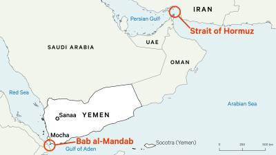 A map showing Bab al-Mandab and the Strait of Hormuz with Yemen highlighted.