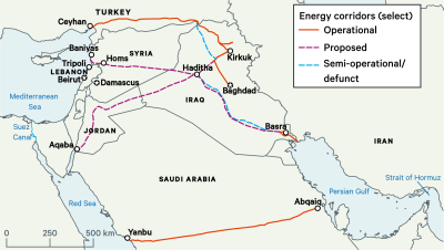 A map showing select energy corridors in the Middle East.