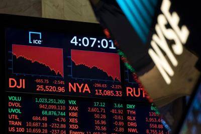 A monitor displays the day's final numbers on the floor of the New York Stock Exchange at the closing bell on 2 February 2018. Photo: Getty Images