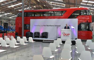 DUP leader Peter Robinson speaks at the launch of the Democratic Unionist Party Election Manifesto at Wrightbus, supplier of the London Routemaster buses on April 21, 2015