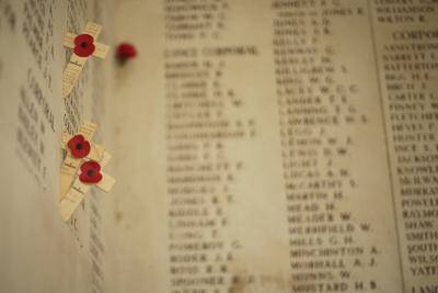 Names of missing soldiers at the Menin Gate Memorial to the Missing in Ypres, Belgium. Photo by Christopher Furlong/Getty Images.