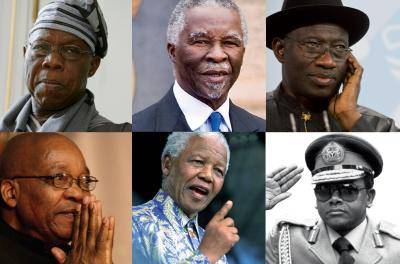 Clockwise L-R: Olusegun Obasanjo, Thabo Mbeki, Goodluck Jonathan, General Sani Abacha, Nelso Mandela and Jacob Zuma