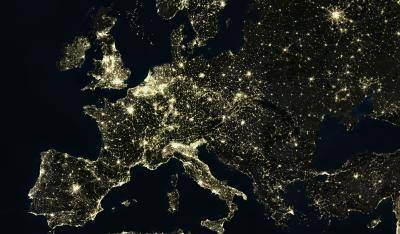 True colour satellite image of Europe at night. Photo via Getty Images.