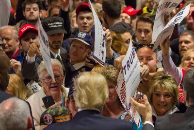 Donald Trump greets supporters after a rally in Hartford, CT on 15 April 2016. Photo by Getty Images.