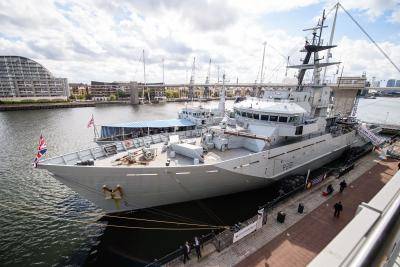 Royal Navy offshore patrol vessel HMS Tyne sits moored outside the ExCeL centre in London during the Defence and Security Equipment International exhibition. Photo by Getty Images.