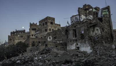 The rubble of a traditional mud house pictured in the early evening, Old City, Sana'a, 26 September 2015. Photo: Peter Salisbury.
