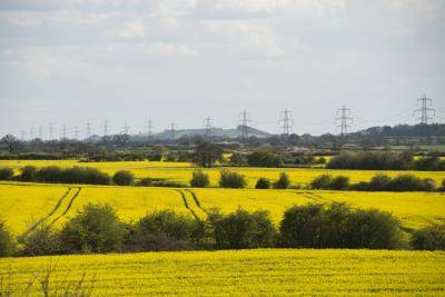 A line of electricity pylons stretches beyond fields of rapeseed near Hutton Rudby, North Yorkshire, on 27 April 2015. Photo: Getty Images.