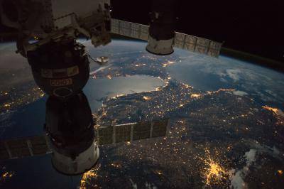 Nighttime view of the strait of Gibraltar. Photo by NASA.