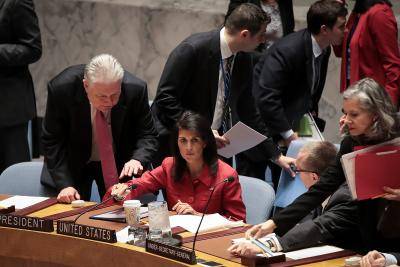 7 April: US Ambassador to the UN Nikki Haley at a Security Council meeting on Syria. Photo: Getty Images.