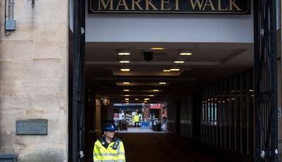 A police officer stands near the scene of the attack on Sergei Skripal in Salisbury. Photo: Getty Images.