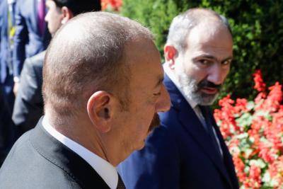 Azerbaijan's president Ilham Aliyev and Armenia's prime minister Nikol Pashinyan ahead of a CIS Heads of State Council meeting in September 2018. Photo: Getty Images.