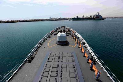 Soldiers stand in line as the frigate Xuzhou arrives at the port of Djibouti in May 2018. In 2017, China established its first foreign naval base in Djibouti. Photo via Getty Images.