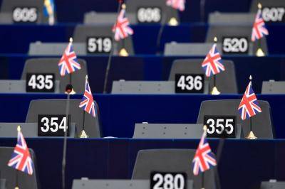 Chairs for UK MEPs are left empty at the European Parliament in Strasbourg. Photo: Getty Images.