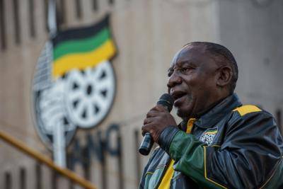 Cyril Ramaphosa addresses the crowd during an ANC election victory rally in Johannesburg. Photo via Getty Images.