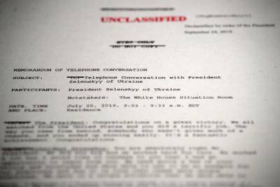 The first page of the unclassified memorandum of US President Donald Trump’s phone call with Ukrainian President Volodymyr Zelenskyy from 25 July. Photo: Getty Images.
