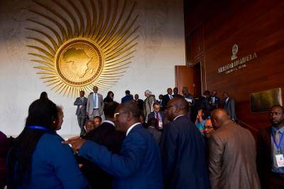 Delegates leave the plenary hall of the Africa Union headquarters in Addis Ababa in January 2018. Photo: Getty Images.