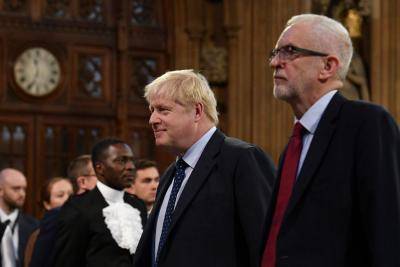 Boris Johnson and Jeremy Corbyn at the state opening of Parliament in October. Photo: Getty Images.