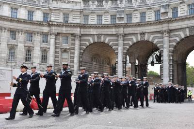 Crew members from HMS Westminster march through Admiralty Arch as they exercise their freedom of the city in August 2019 in London. Photo: Getty Images.