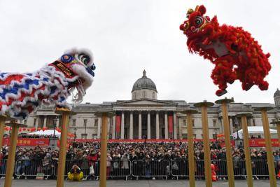 Lunar new year celebrations in Trafalgar Square on 26 January. Photo: Getty Images.