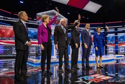 2020 Democratic presidential candidates at the debate in Las Vegas on 19 February. Photo: Getty Images.