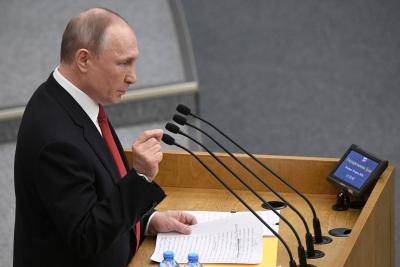 Russian President Vladimir Putin addresses lawmakers debating on the second reading of the constitutional reform bill during a session of the State Duma, Russia's lower house of parliament March 10, 2020. Photo by ALEXANDER NEMENOV/AFP via Getty Images.