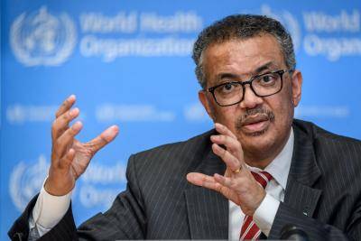 WHO director-general Dr Tedros Adhanom Ghebreyesus at the COVID-19 press briefing on March 11, 2020, the day the coronavirus outbreak was classed as a pandemic. Photo by FABRICE COFFRINI/AFP via Getty Images.