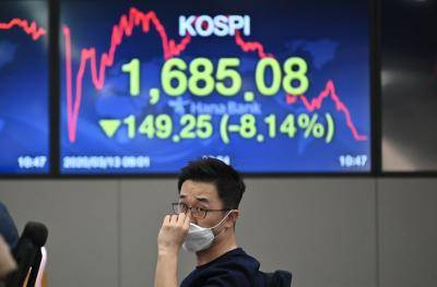 A currency dealer wearing a face mask monitors exchange rates in front of a screen showing South Korea's benchmark stock index in Seoul on March 13, 2020. Photo by JUNG YEON-JE/AFP via Getty Images.