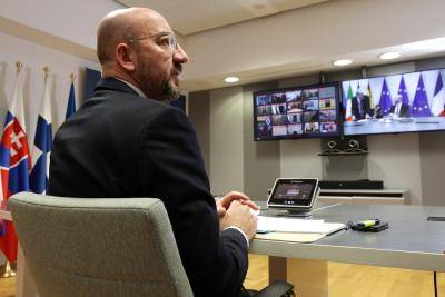 EU President of Council Charles Michel chairs the coronavirus meeting with the leaders of EU member countries via teleconference on March 17, 2020. Photo by EU Council / Pool/Anadolu Agency via Getty Images.
