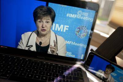 Kristalina Georgieva, managing director of the International Monetary Fund (IMF), speaks during a virtual news conference on April 15, 2020. Photo by Andrew Harrer/Bloomberg via Getty Images