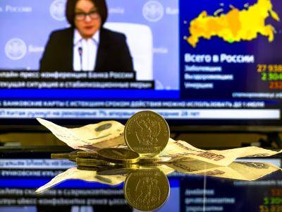 Russian Central Bank head Elvira Nabiullina holds a press conference via video link in Moscow. Photo by Sefa Karacan/Anadolu Agency via Getty Images.