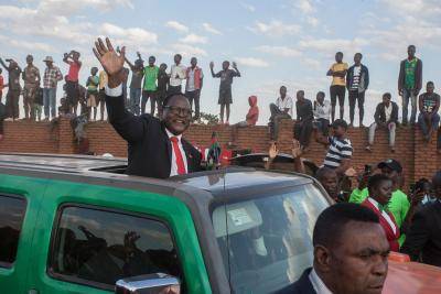 Lazarus Chakwera, leader of the Malawi Congress Party (MCP) arriving at the Mtandire suburb of the capital Lilongwe for an election rally. Photo by AMOS GUMULIRA/AFP via Getty Images.