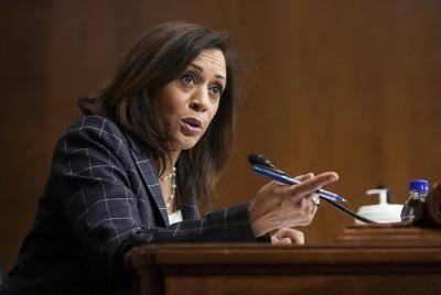 Senator Kamala Harris speaks during a Senate Homeland Security and Governmental Affairs hearing. Photo by ALEXANDER DRAGO/POOL/AFP via Getty Images.