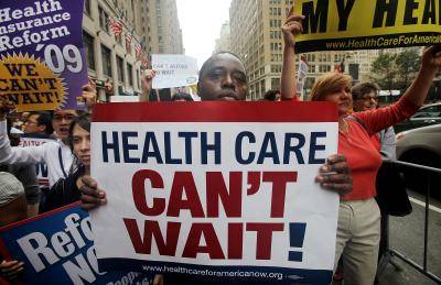 A "Big Insurance: Sick of It" rally in New York City. Photo by Mario Tama/Getty Images.